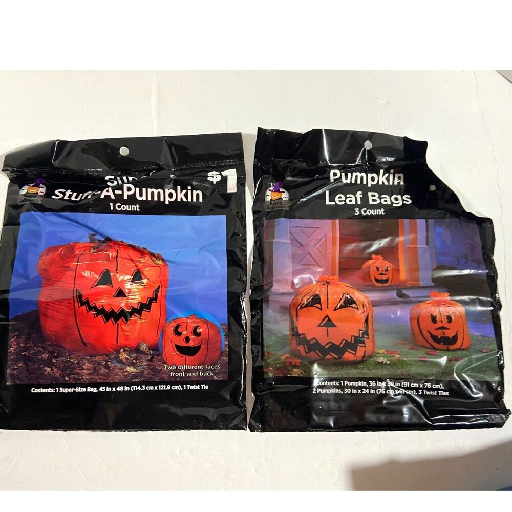 Vtg Lawn Leaf Bag Stuff Jack-O-Lantern Halloween Five Packs Super Size 45" x 48"